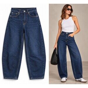 H&M &Denim Barrel Leg Jeans Womens 4 Dark Wash High Waist Loose Fit Dark Denim
